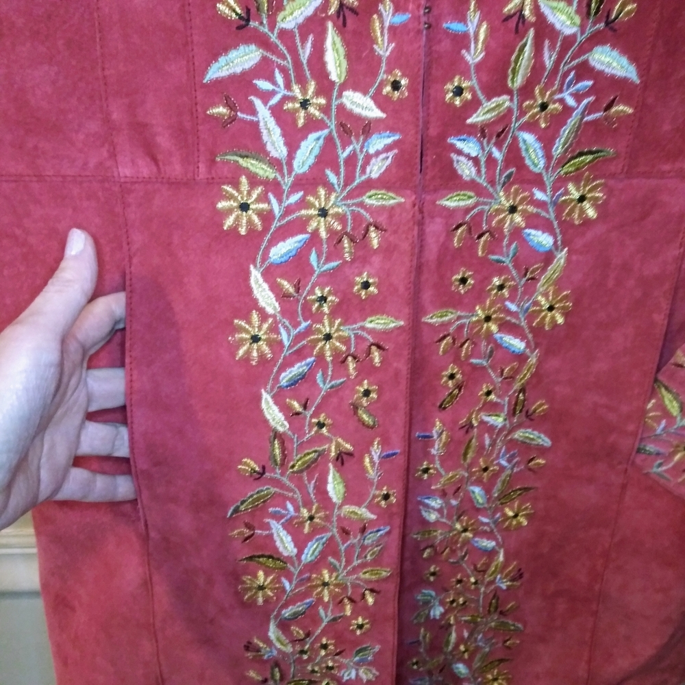 Avanti Boho/Southwestern Brick Red, Floral Embroidered Genuine Suede Coat - Picture 7 of 16